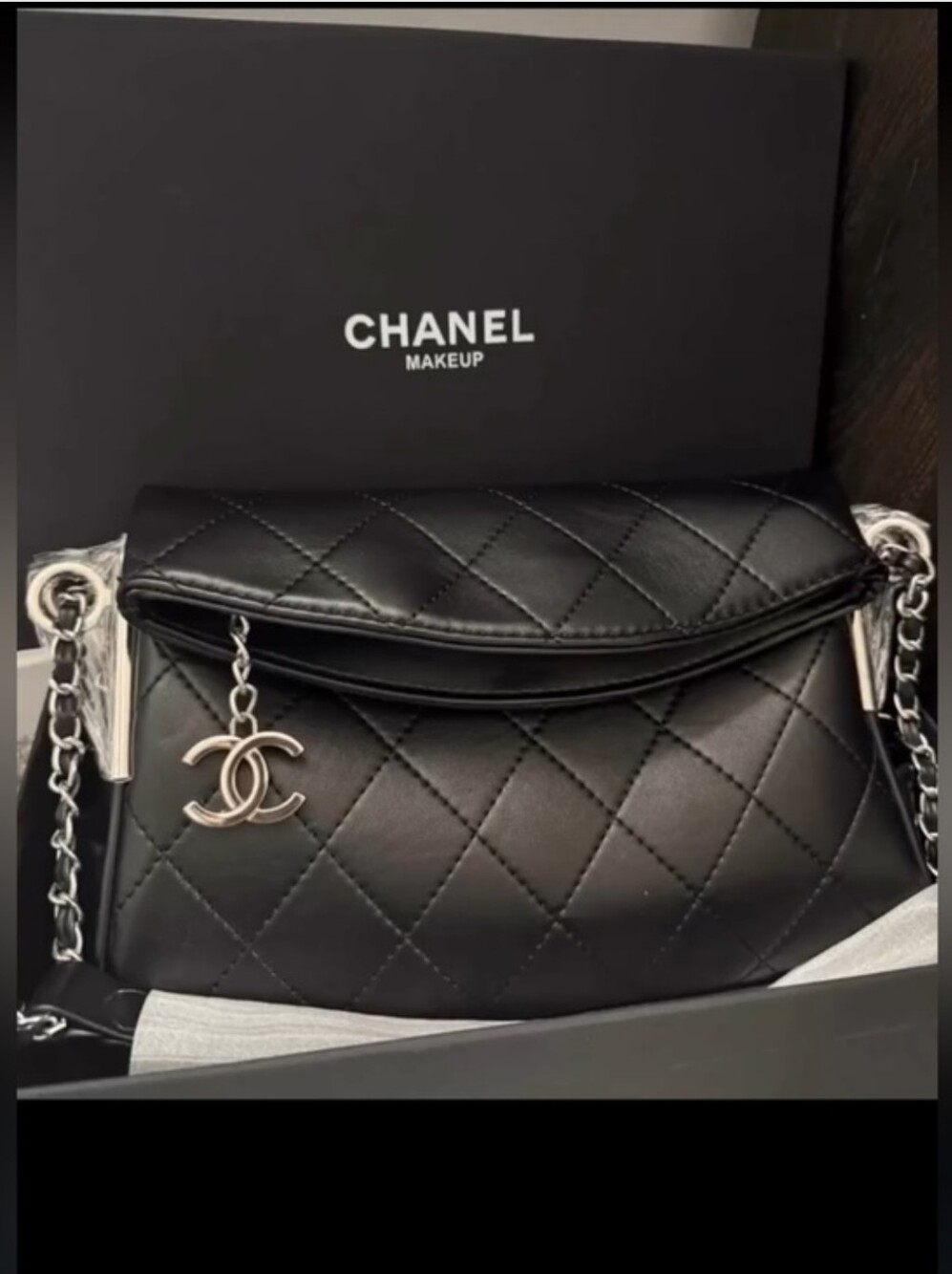 Black Quilted Leather Hobo Shoulder Bag with Silver Chain